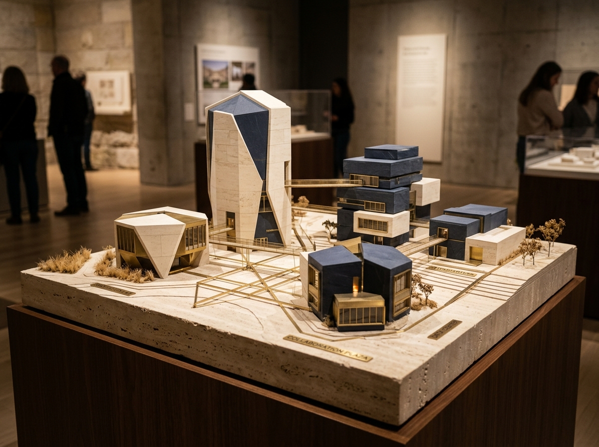 Architectural representation of connected business ecosystem on a unified travertine foundation