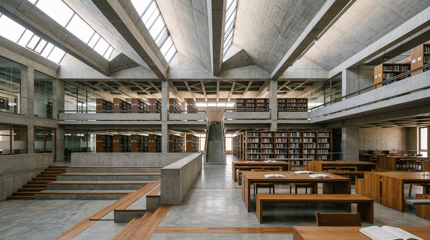 Soaring concrete skylights and teak study tables in modern knowledge institute