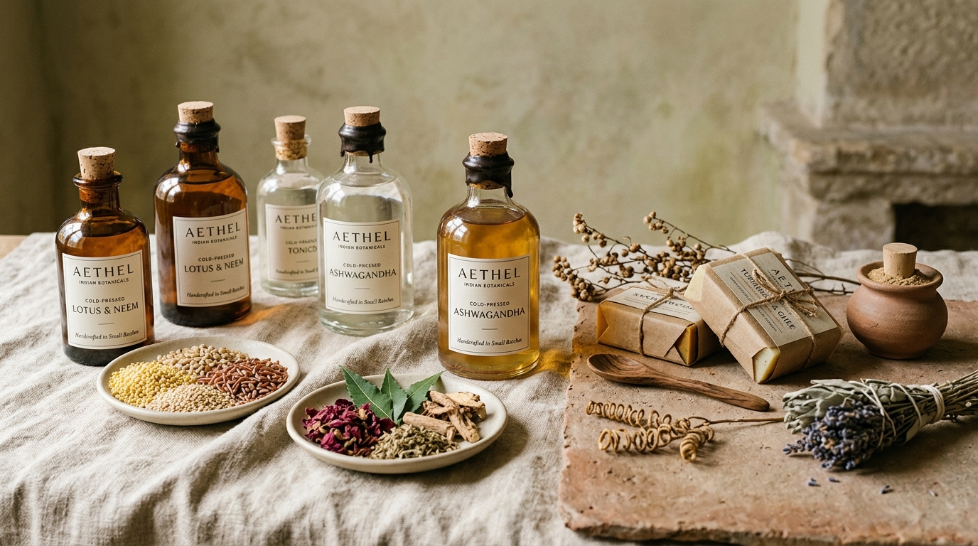 Artisanal glass bottles of Indian botanical extracts, raw organic grains and linen