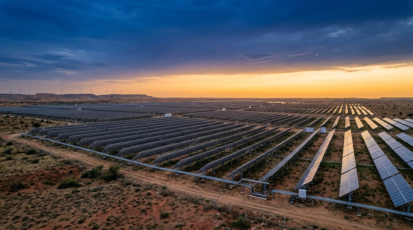Solar tracker arrays in geometric precision under amber dusk sky