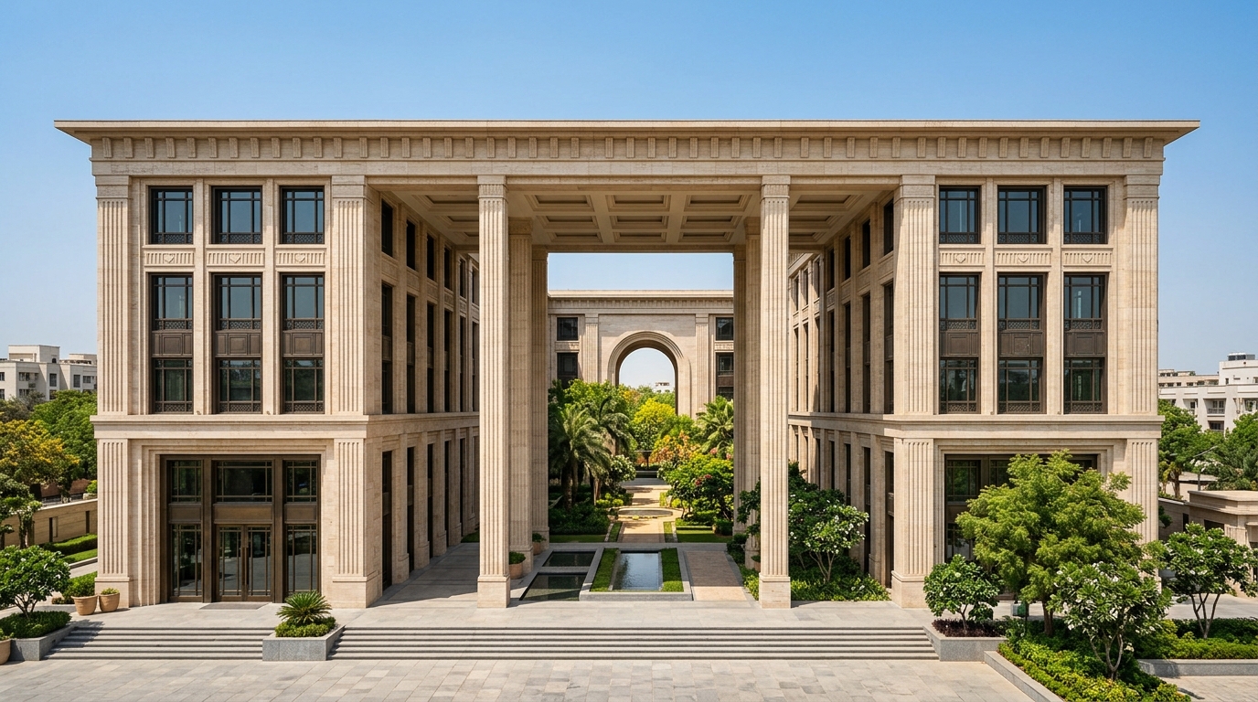 Fluted stone and travertine institutional headquarters with deep colonnade