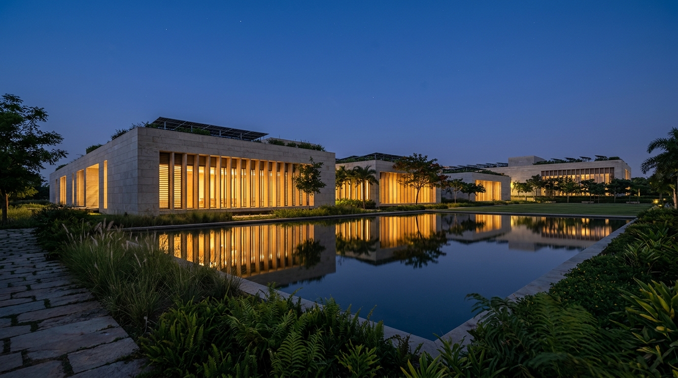 Sustainable technology and digital infrastructure campus with reflective pool