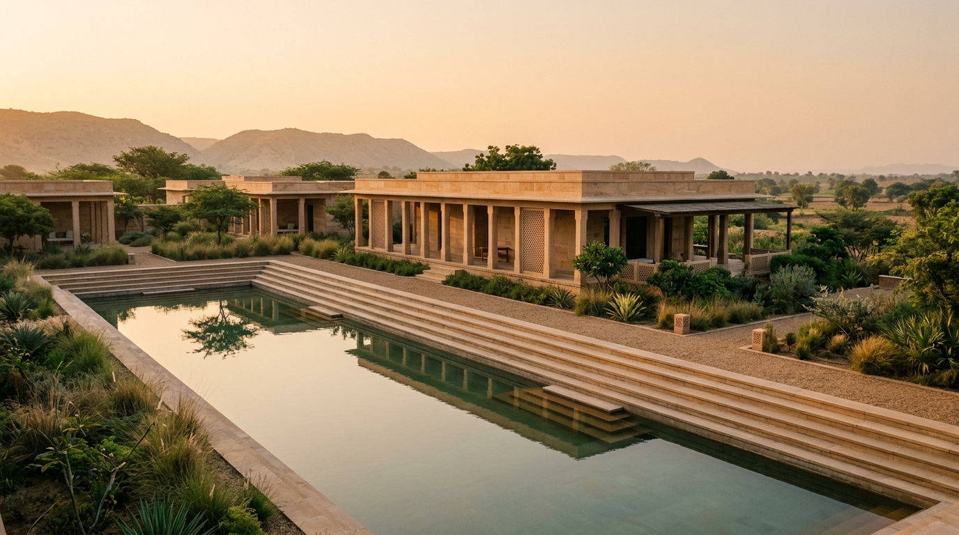 Minimalist sandstone pavilions and stepped reservoir in heritage Indian sanctuary